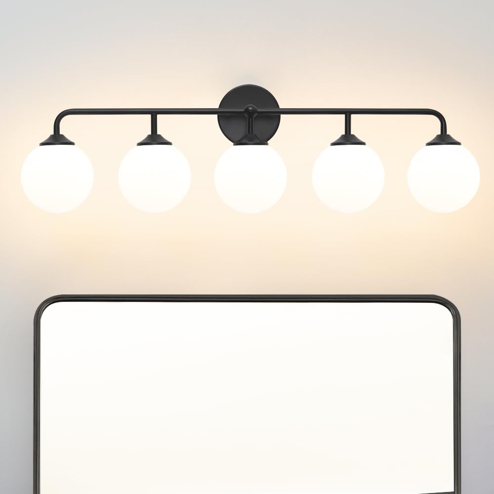 Modern Brushed Gold 3-Lights Vanity Light Fixtures with Milky White Glass Ball Shades, Mid Century Brass Wall Sconce Lighting Fixtures over Mirror, Wall Sconces for Bathroom Dressing Table Bedroom