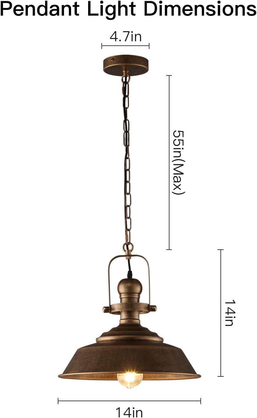 14.2 Inch Farmhouse Pendant Light for Kitchen Island, Bronze Rustic Hanging Ceiling Light with Hand-Painted Finish, Industrial Modern Bar Lighting, Dome Pendants for Dining Room