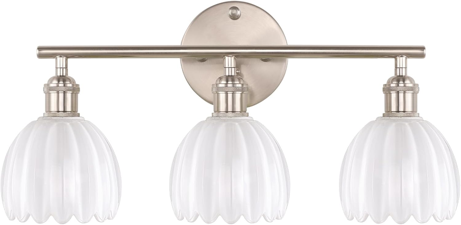 Bathroom Light Fixtures, 3-Light Brass Vanity Wall Light Over Mirror with White Tulip Glass Shade for Bedroom Living Room (Bulb Not Included)