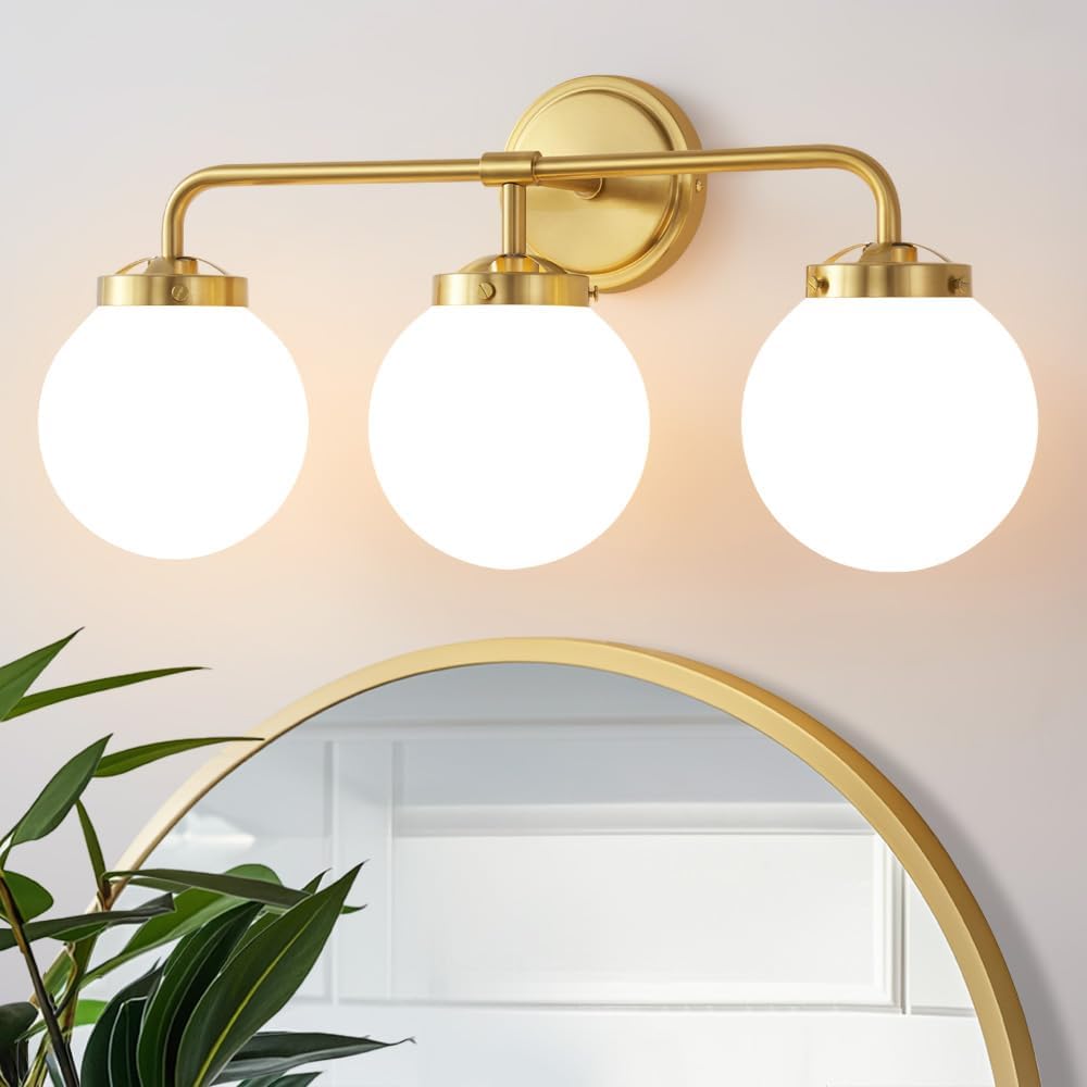 Gold Bathroom Vanity Light Fixtures Over Mirror, Modern Brass 3 Lights Wall Sconce with Milky Glass Ball Shade, Mid Century Farmhouse Vanity Lighting