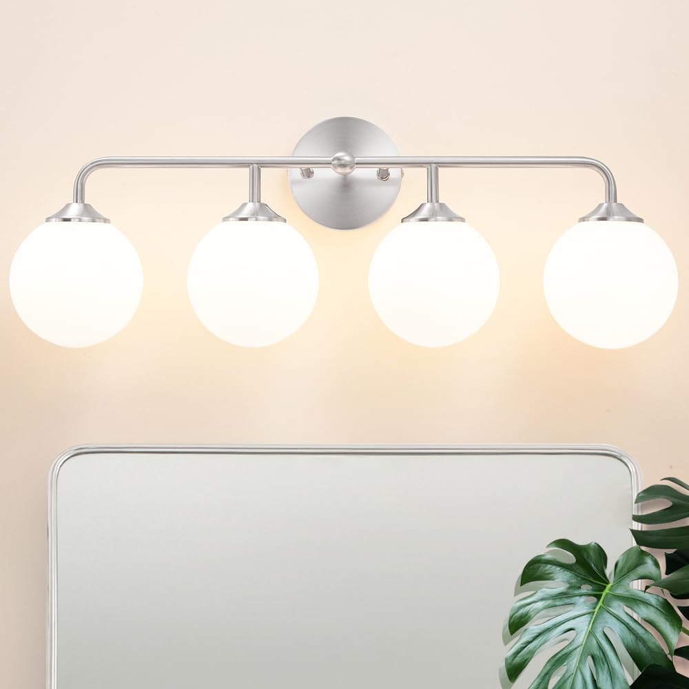Modern Brushed Gold 3-Lights Vanity Light Fixtures with Milky White Glass Ball Shades, Mid Century Brass Wall Sconce Lighting Fixtures over Mirror, Wall Sconces for Bathroom Dressing Table Bedroom