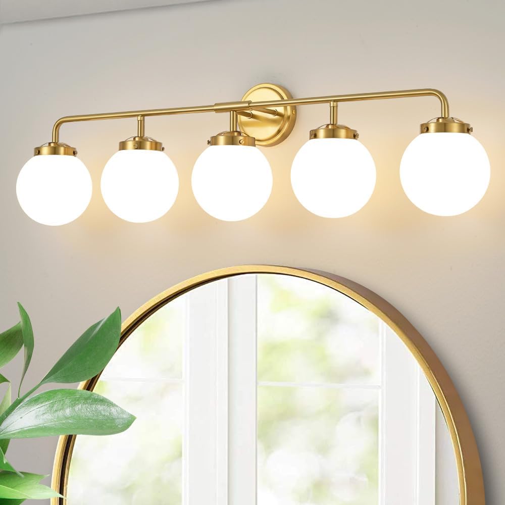 Gold Bathroom Vanity Light Fixtures Over Mirror, Modern Brass 3 Lights Wall Sconce with Milky Glass Ball Shade, Mid Century Farmhouse Vanity Lighting