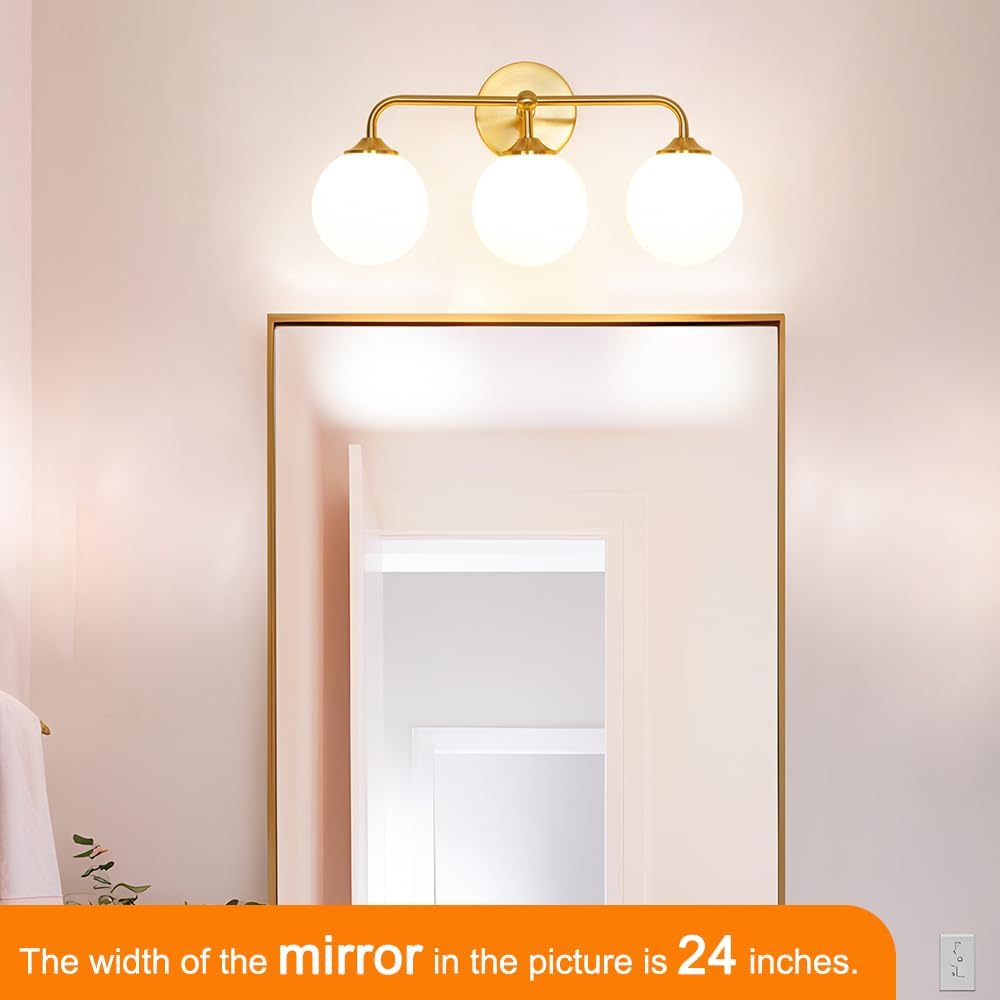Modern Brushed Gold 3-Lights Vanity Light Fixtures with Milky White Glass Ball Shades, Mid Century Brass Wall Sconce Lighting Fixtures over Mirror, Wall Sconces for Bathroom Dressing Table Bedroom