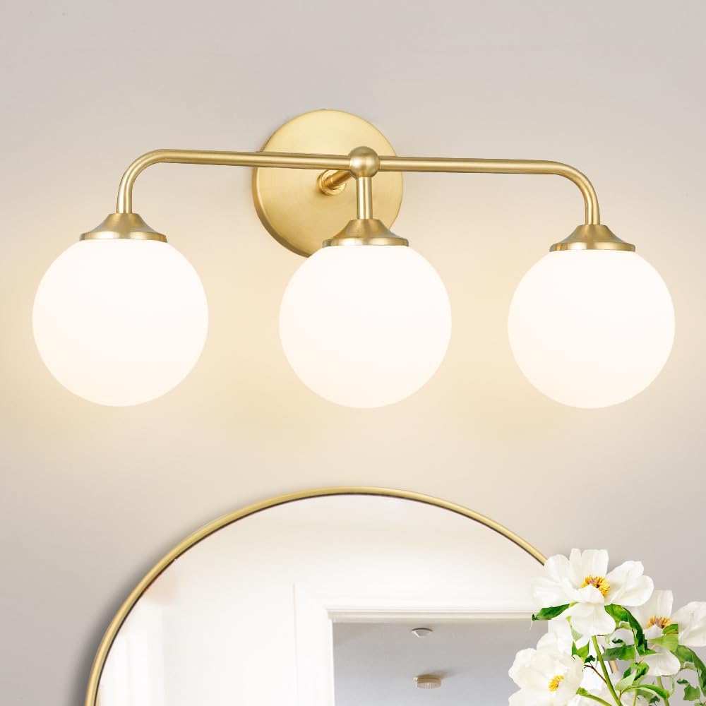 Modern Brushed Gold 3-Lights Vanity Light Fixtures with Milky White Glass Ball Shades, Mid Century Brass Wall Sconce Lighting Fixtures over Mirror, Wall Sconces for Bathroom Dressing Table Bedroom