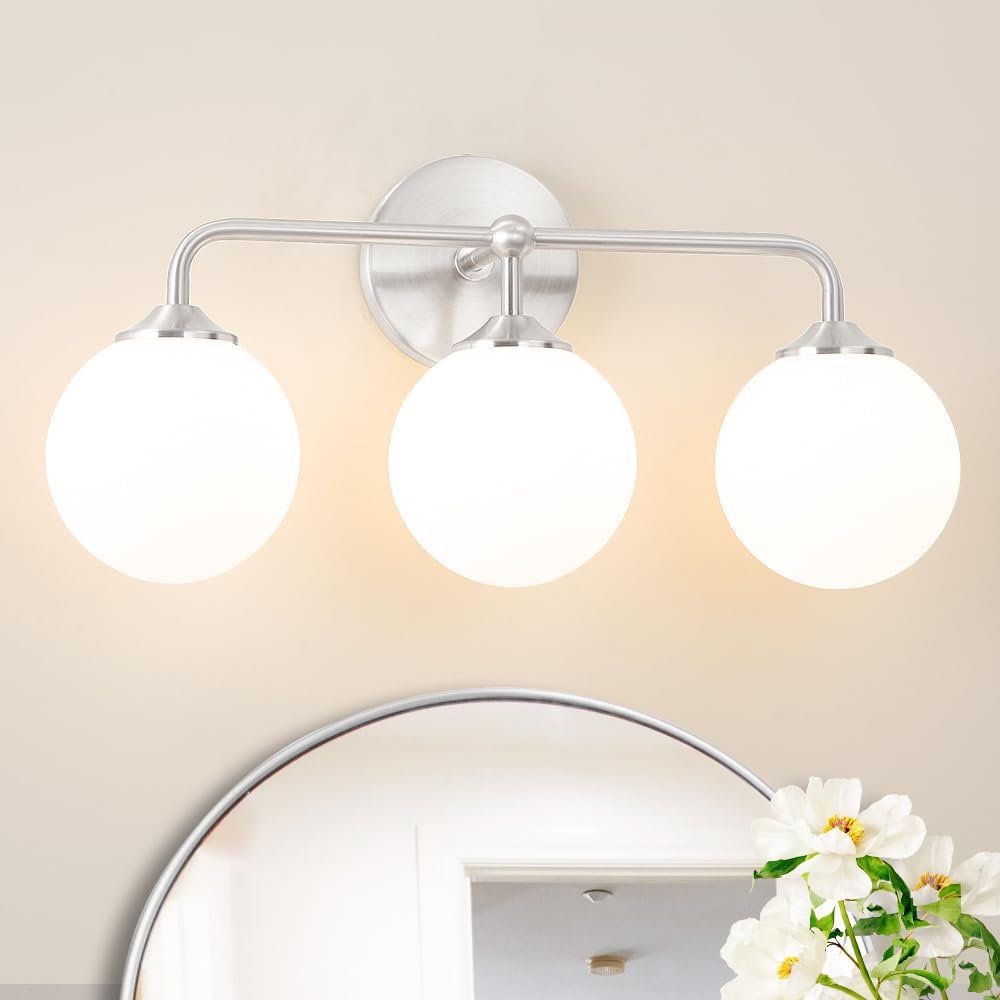 Modern Brushed Gold 3-Lights Vanity Light Fixtures with Milky White Glass Ball Shades, Mid Century Brass Wall Sconce Lighting Fixtures over Mirror, Wall Sconces for Bathroom Dressing Table Bedroom