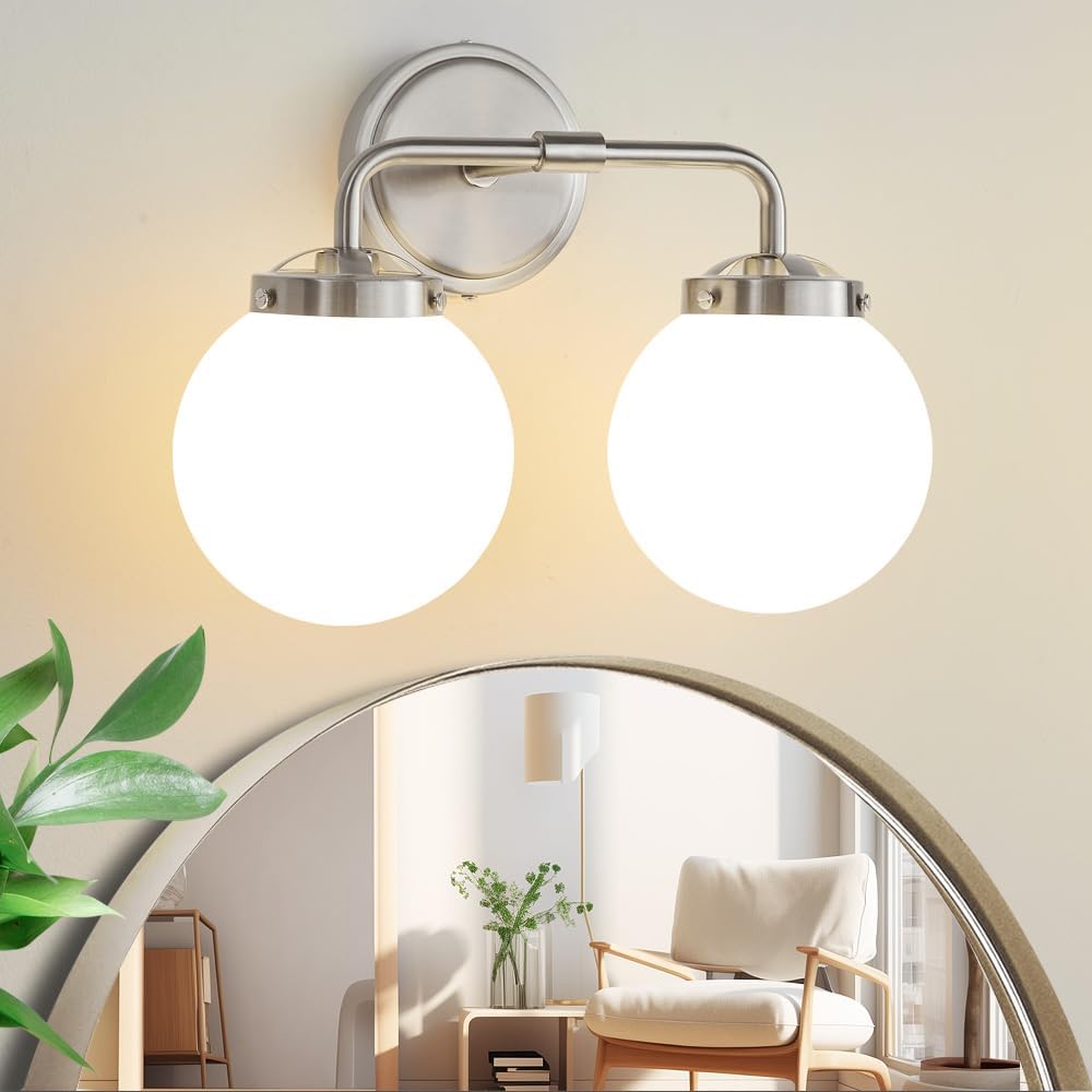 Gold Bathroom Vanity Light Fixtures Over Mirror, Modern Brass 3 Lights Wall Sconce with Milky Glass Ball Shade, Mid Century Farmhouse Vanity Lighting