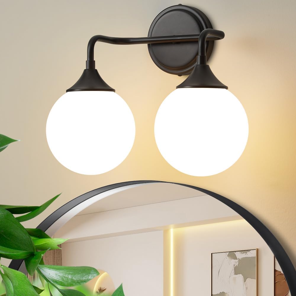 Gold Bathroom Light Fixtures, Modern Vanity Lighting Over Mirror, Mid Century Brushed Brass Wall Sconce 3-Light with Milky White Glass Ball Shades