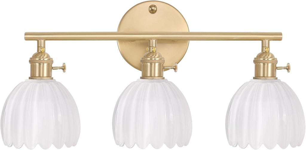 Bathroom Light Fixtures, 3-Light Brass Vanity Wall Light Over Mirror with White Tulip Glass Shade for Bedroom Living Room (Bulb Not Included)