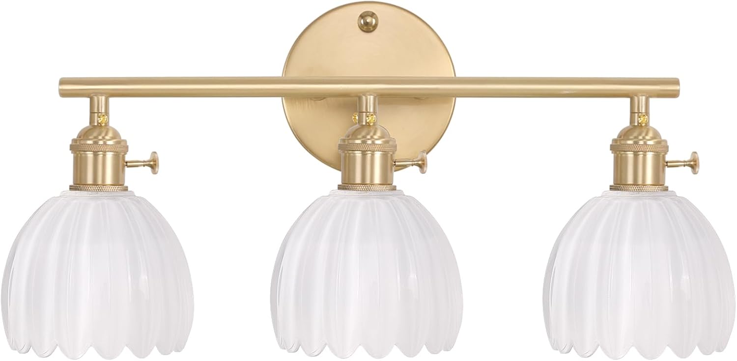 Bathroom Light Fixtures, 3-Light Brass Vanity Wall Light Over Mirror with White Tulip Glass Shade for Bedroom Living Room (Bulb Not Included)
