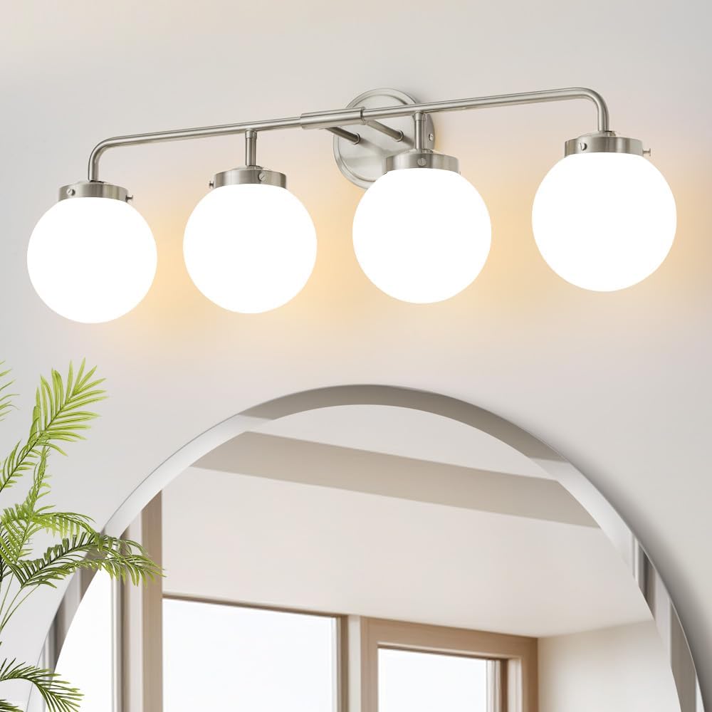 Gold Bathroom Vanity Light Fixtures Over Mirror, Modern Brass 3 Lights Wall Sconce with Milky Glass Ball Shade, Mid Century Farmhouse Vanity Lighting