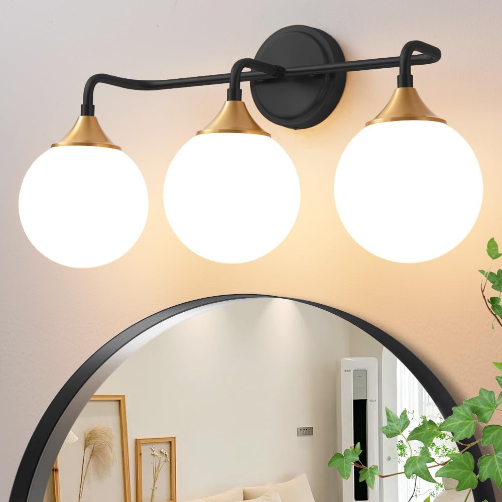 Gold Bathroom Light Fixtures, Modern Vanity Lighting Over Mirror, Mid Century Brushed Brass Wall Sconce 3-Light with Milky White Glass Ball Shades