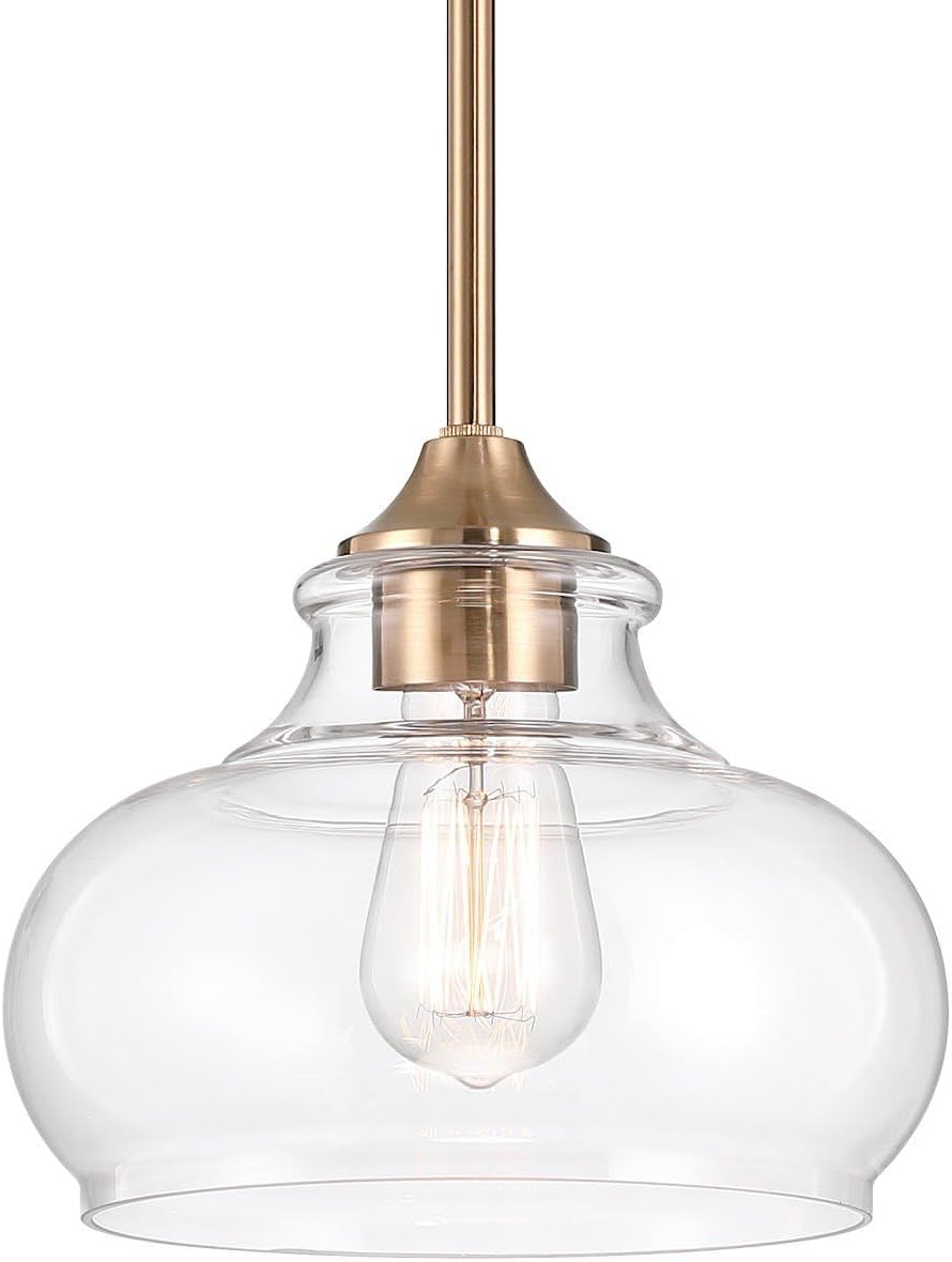 Kira Home Harlow 9" Modern Industrial Farmhouse/Schoolhouse/Rustic Pendant Light with Clear Glass Shade, Adjustable Hanging Height, Warm Brass Finish