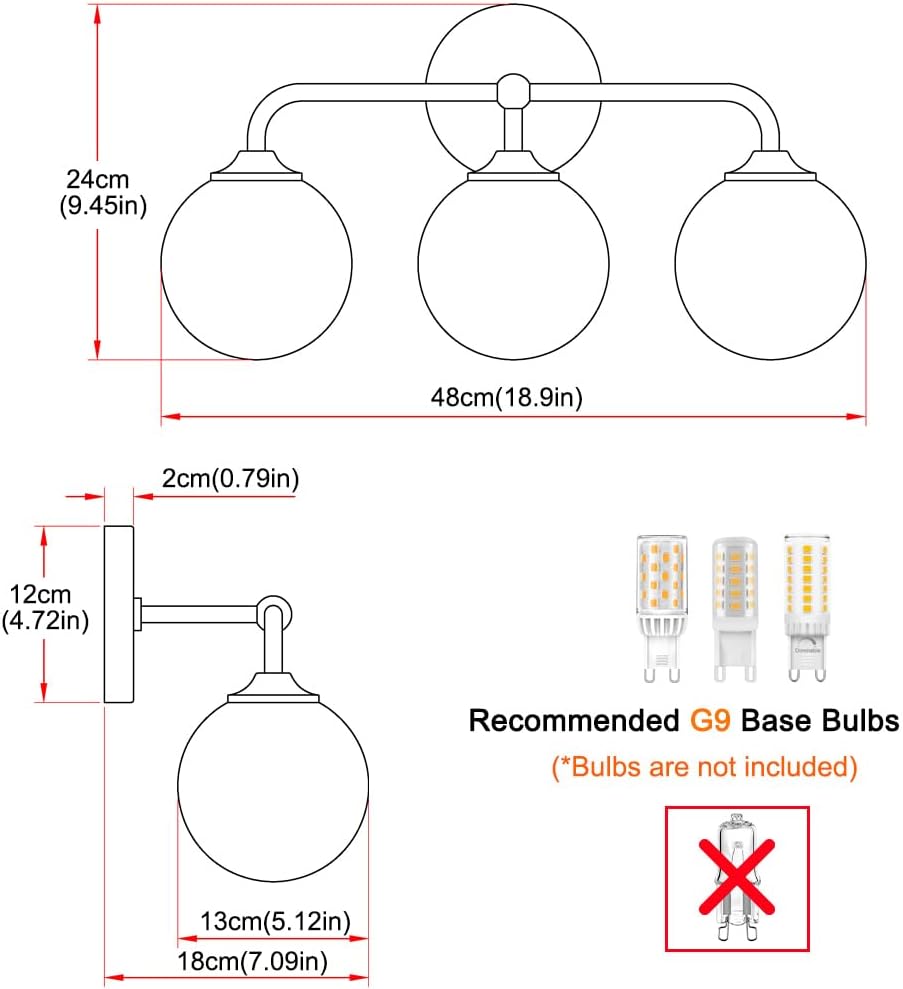 Modern Brushed Gold 3-Lights Vanity Light Fixtures with Milky White Glass Ball Shades, Mid Century Brass Wall Sconce Lighting Fixtures over Mirror, Wall Sconces for Bathroom Dressing Table Bedroom