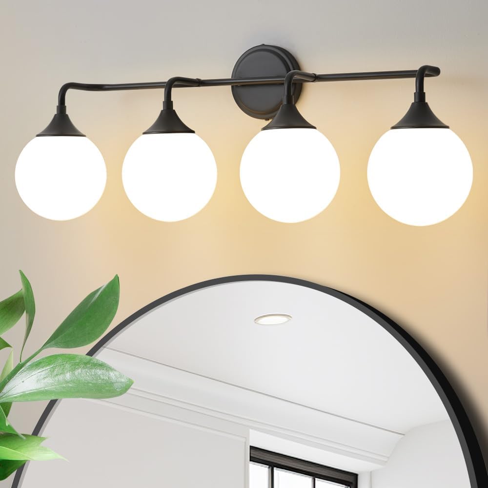 Gold Bathroom Light Fixtures, Modern Vanity Lighting Over Mirror, Mid Century Brushed Brass Wall Sconce 3-Light with Milky White Glass Ball Shades