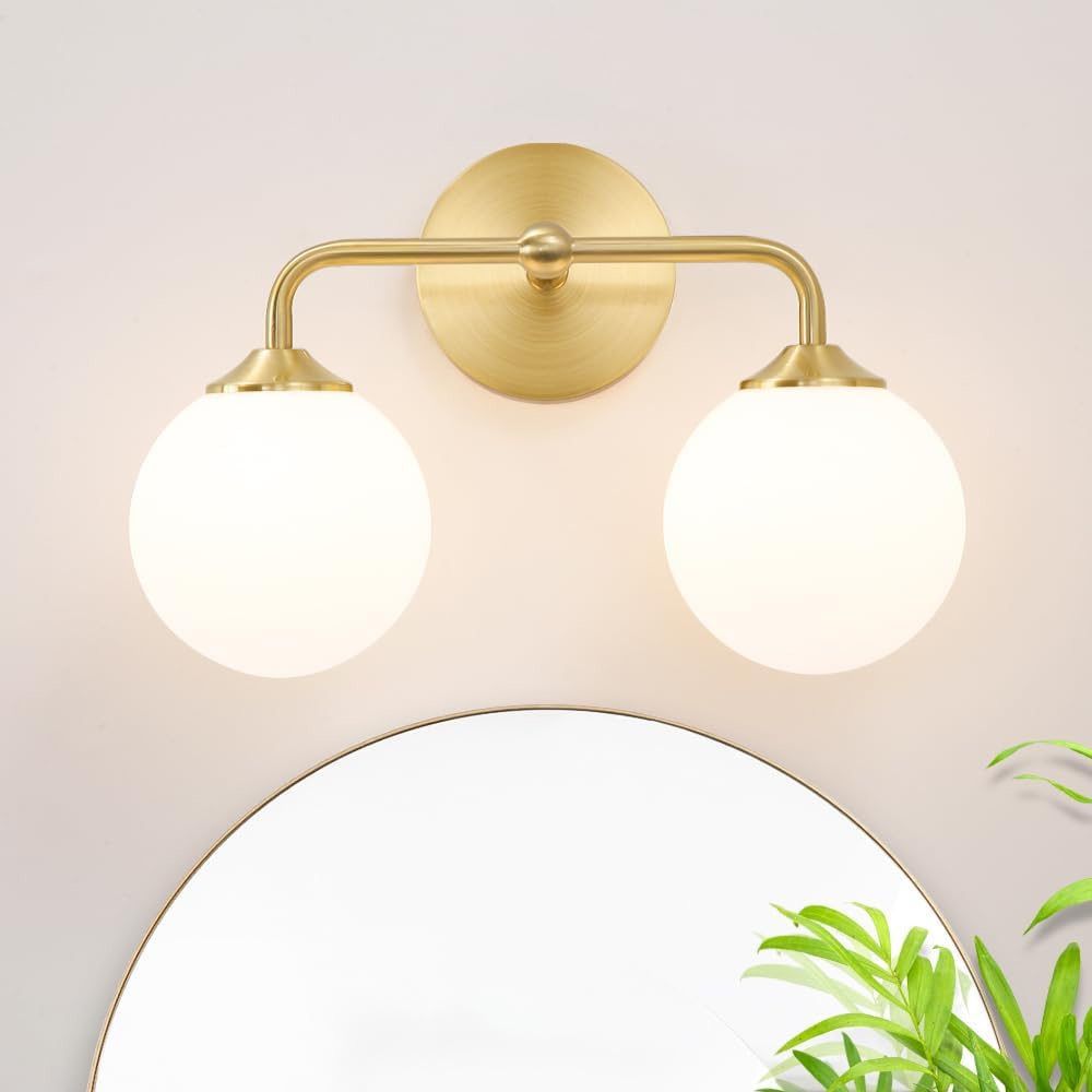 Modern Brushed Gold 3-Lights Vanity Light Fixtures with Milky White Glass Ball Shades, Mid Century Brass Wall Sconce Lighting Fixtures over Mirror, Wall Sconces for Bathroom Dressing Table Bedroom