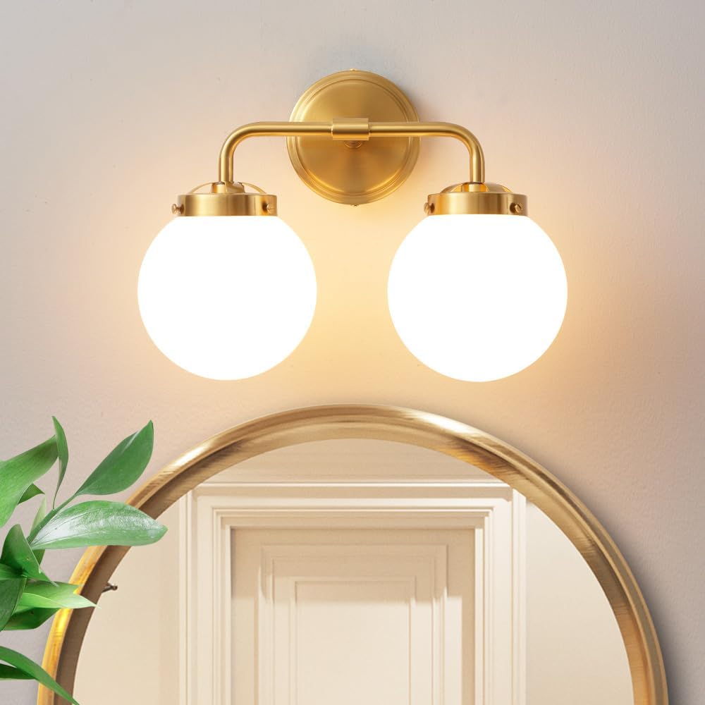 Gold Bathroom Vanity Light Fixtures Over Mirror, Modern Brass 3 Lights Wall Sconce with Milky Glass Ball Shade, Mid Century Farmhouse Vanity Lighting