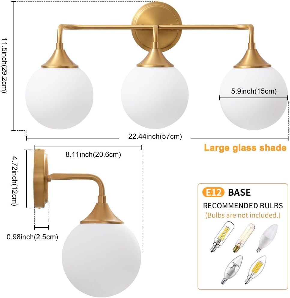 Gold Bathroom Light Fixtures, Modern Vanity Lighting Over Mirror, Mid Century Brushed Brass Wall Sconce 3-Light with Milky White Glass Ball Shades