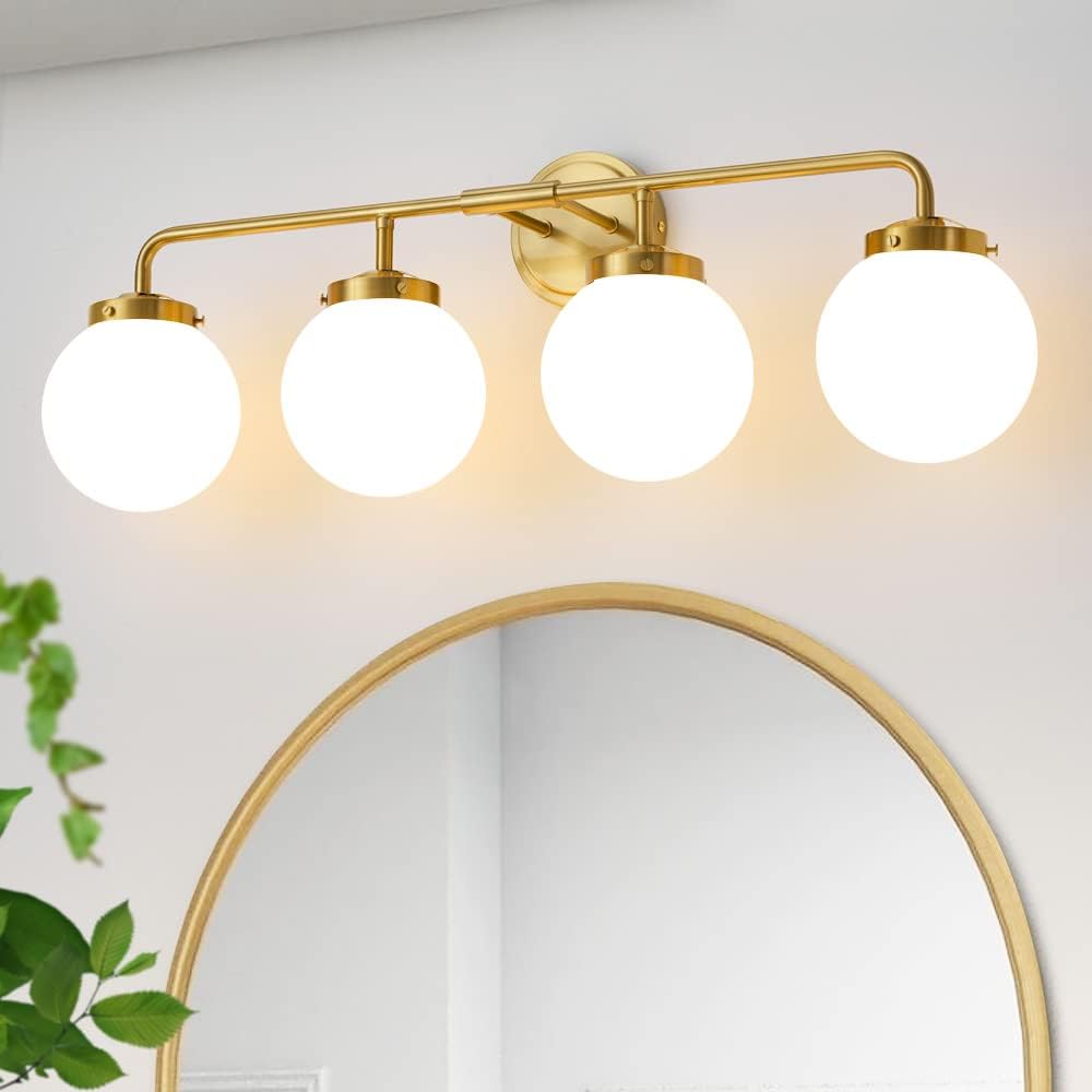 Gold Bathroom Vanity Light Fixtures Over Mirror, Modern Brass 3 Lights Wall Sconce with Milky Glass Ball Shade, Mid Century Farmhouse Vanity Lighting