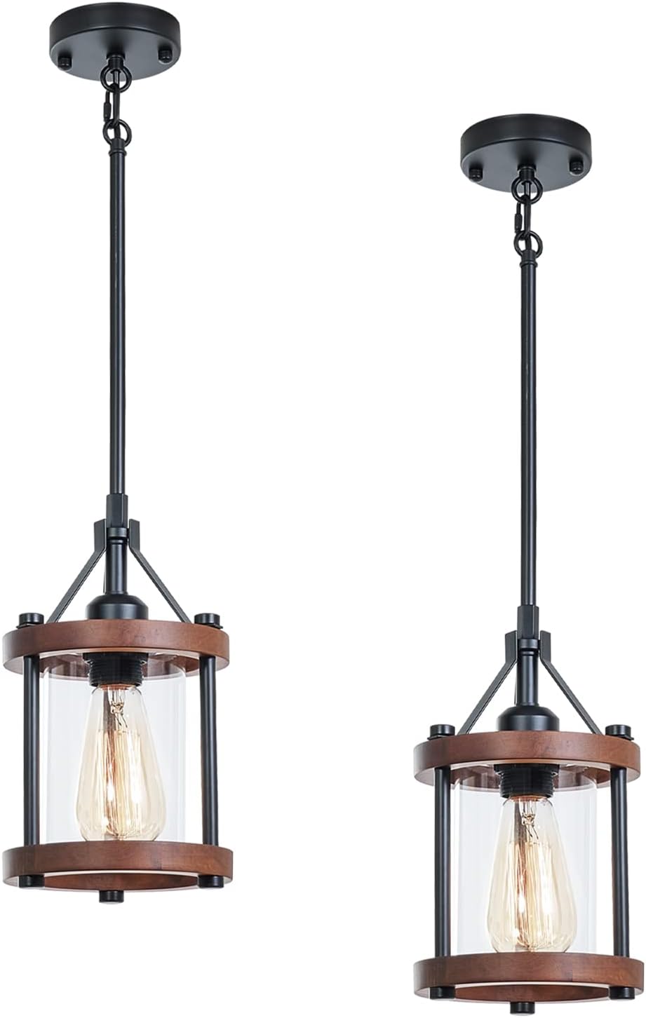 Farmhouse Pendant Light, Rustic Walnut Wood Metal Cage Hanging Light Fixtures with Glass, Adjustable for Flat and Slop Ceiling, Pendant Lighting for Kitchen Island Foyer Hallway,2-Pack