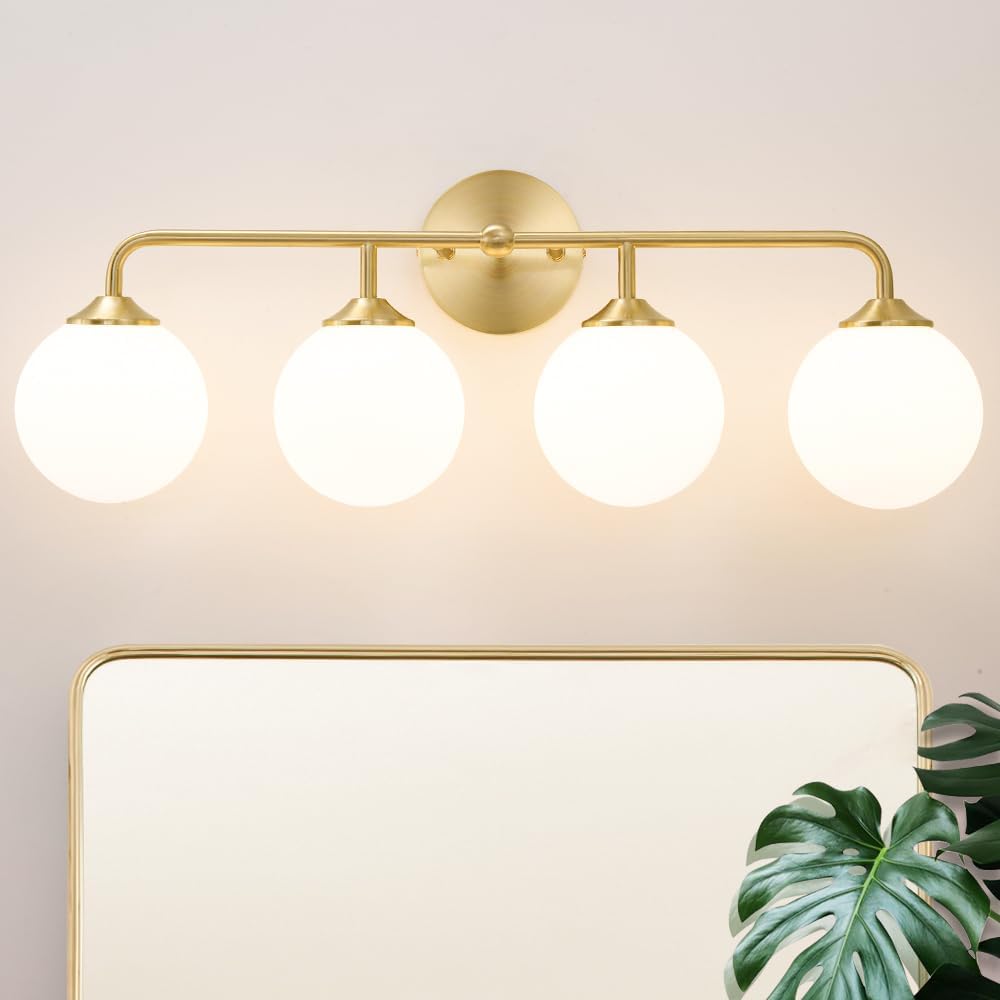 Modern Brushed Gold 3-Lights Vanity Light Fixtures with Milky White Glass Ball Shades, Mid Century Brass Wall Sconce Lighting Fixtures over Mirror, Wall Sconces for Bathroom Dressing Table Bedroom