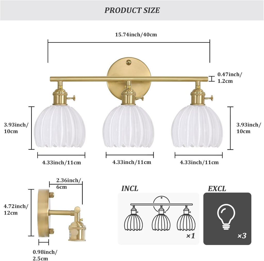 Bathroom Light Fixtures, 3-Light Brass Vanity Wall Light Over Mirror with White Tulip Glass Shade for Bedroom Living Room (Bulb Not Included)