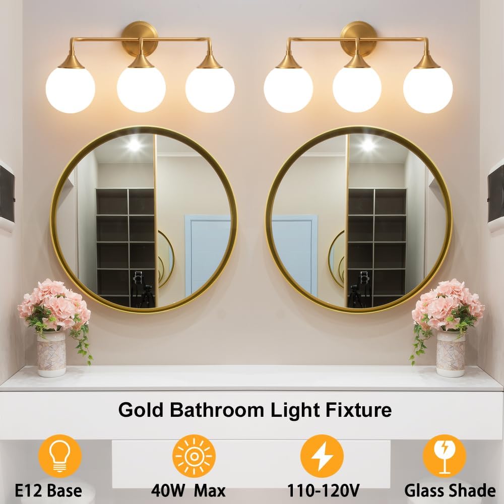 Gold Bathroom Light Fixtures, Modern Vanity Lighting Over Mirror, Mid Century Brushed Brass Wall Sconce 3-Light with Milky White Glass Ball Shades