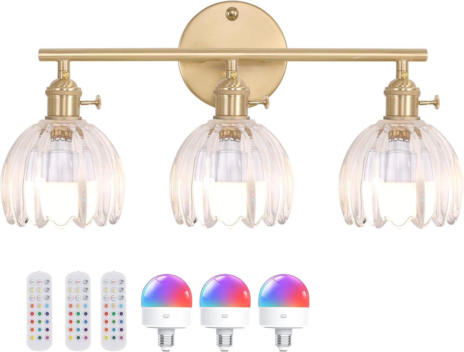 Bathroom Light Fixtures, 3-Light Brass Vanity Wall Light Over Mirror with White Tulip Glass Shade for Bedroom Living Room (Bulb Not Included)
