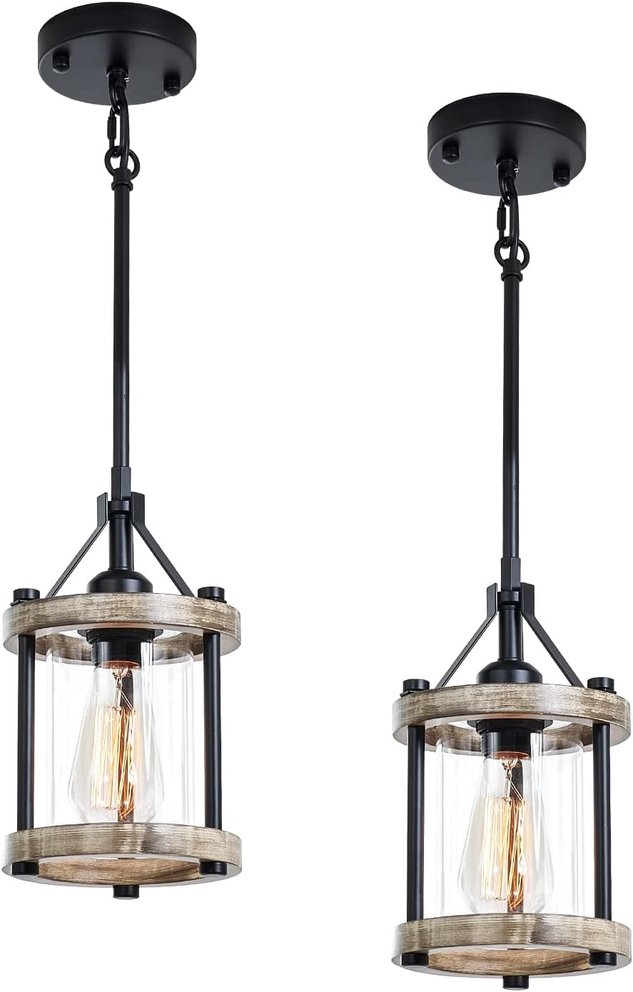 Farmhouse Pendant Light, Rustic Walnut Wood Metal Cage Hanging Light Fixtures with Glass, Adjustable for Flat and Slop Ceiling, Pendant Lighting for Kitchen Island Foyer Hallway,2-Pack