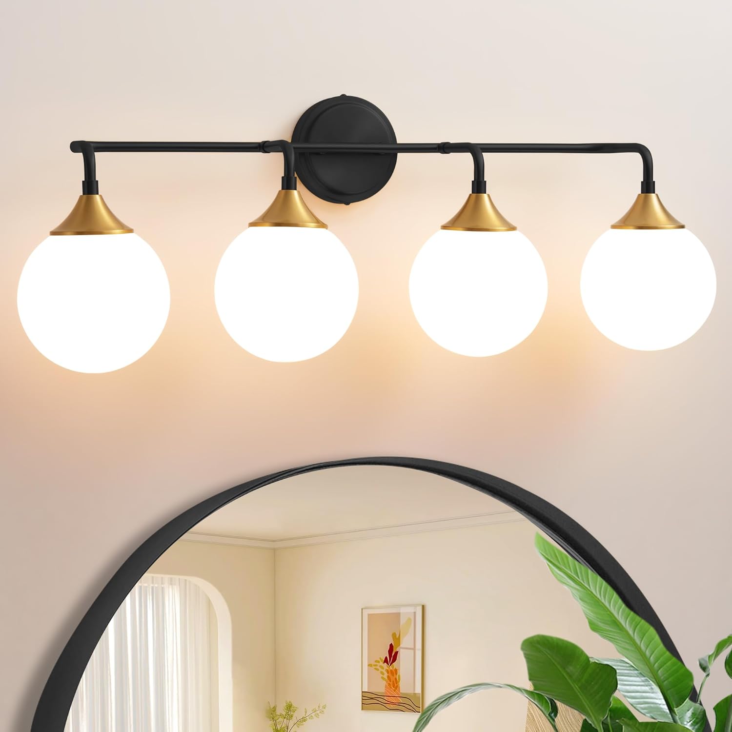 Gold Bathroom Light Fixtures, Modern Vanity Lighting Over Mirror, Mid Century Brushed Brass Wall Sconce 3-Light with Milky White Glass Ball Shades