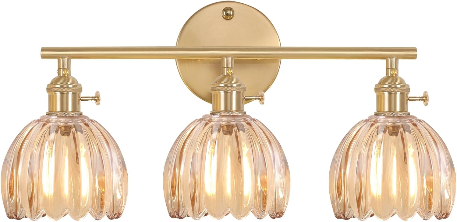 Bathroom Light Fixtures, 3-Light Brass Vanity Wall Light Over Mirror with White Tulip Glass Shade for Bedroom Living Room (Bulb Not Included)