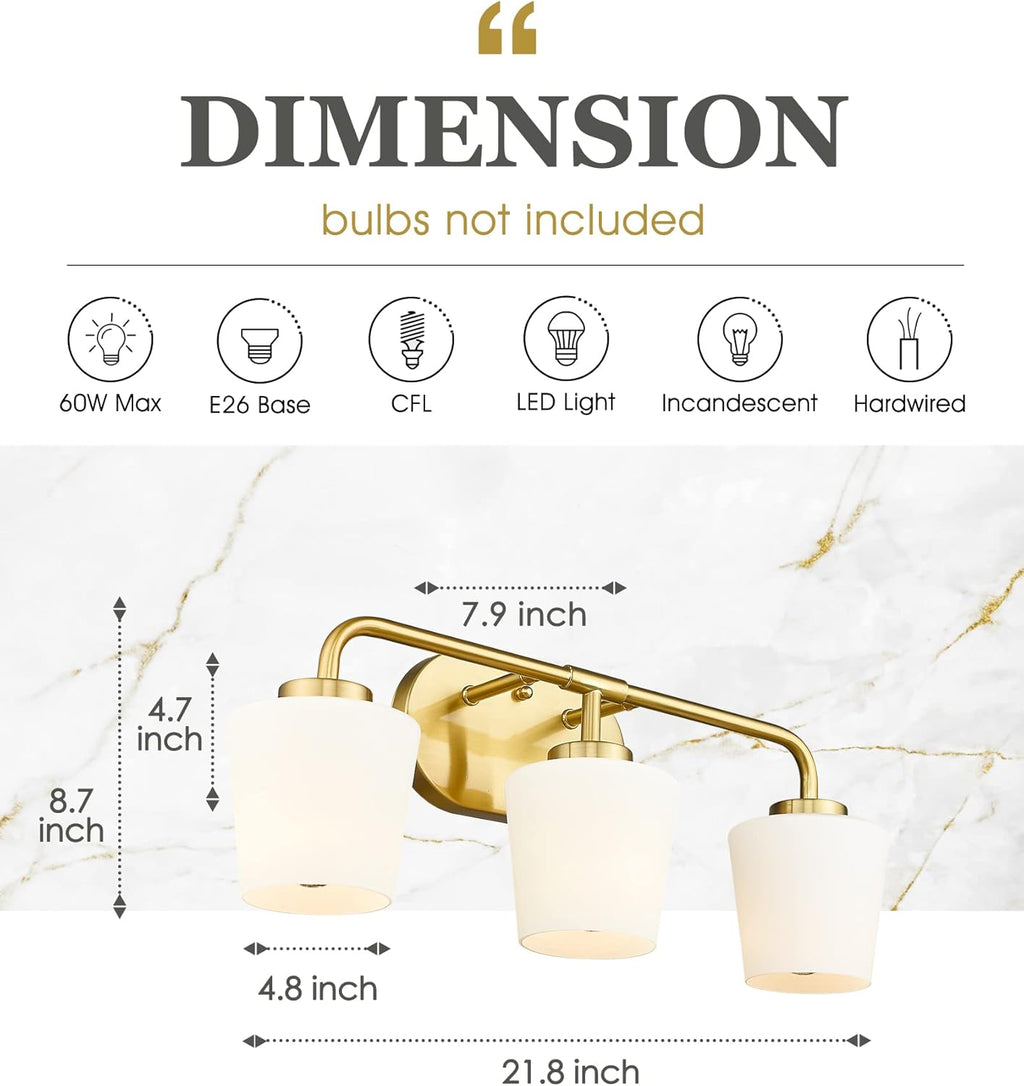 Brushed Gold Bathroom Vanity Light, Farmhouse Brass Sconces Wall Lighting with Milk White Glass, 3-Light Bathroom Light Fixture Over Mirror, AD-22004-3W-GD
