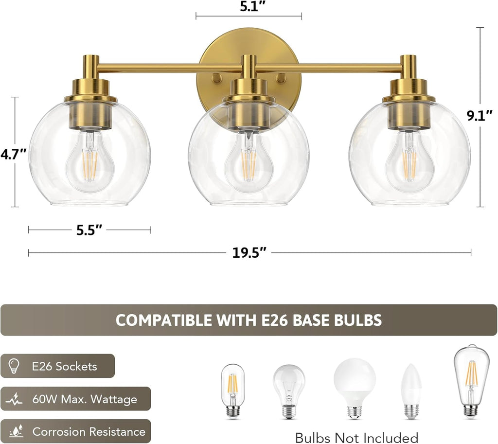 VONLUCE Bathroom Light Fixtures, 3-Light Bathroom Vanity Light with Globe Glass Shades E26 Sockets, Vanity Lights Over Mirror for Bedroom Hallway Living Room, Gold Finish