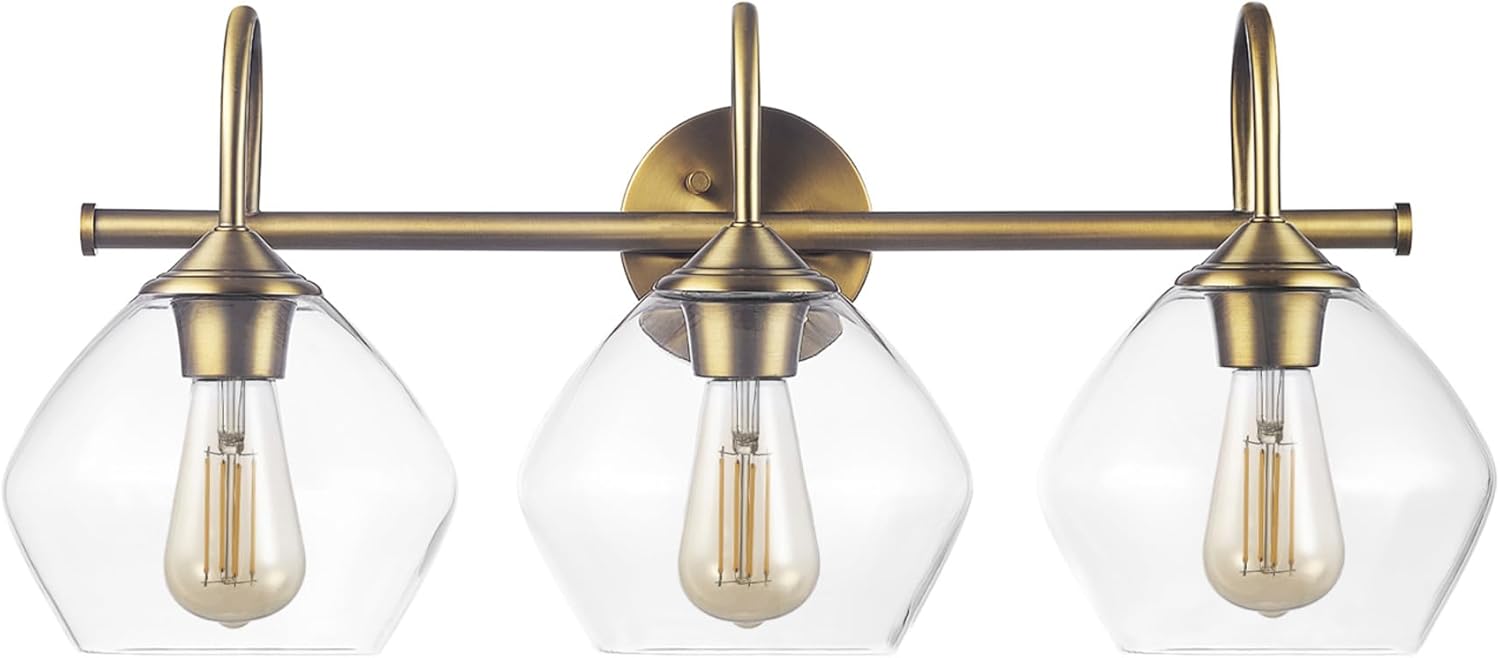 GLOBE Electric 63000103 26" 3-Light Vanity Fixture, Brass Finish, Clear Glass Shades, Beauty Room Accessories, Bathroom Lighting Over Mirror, Makeup Lights, Wall Light, Home Essentials, House Décor