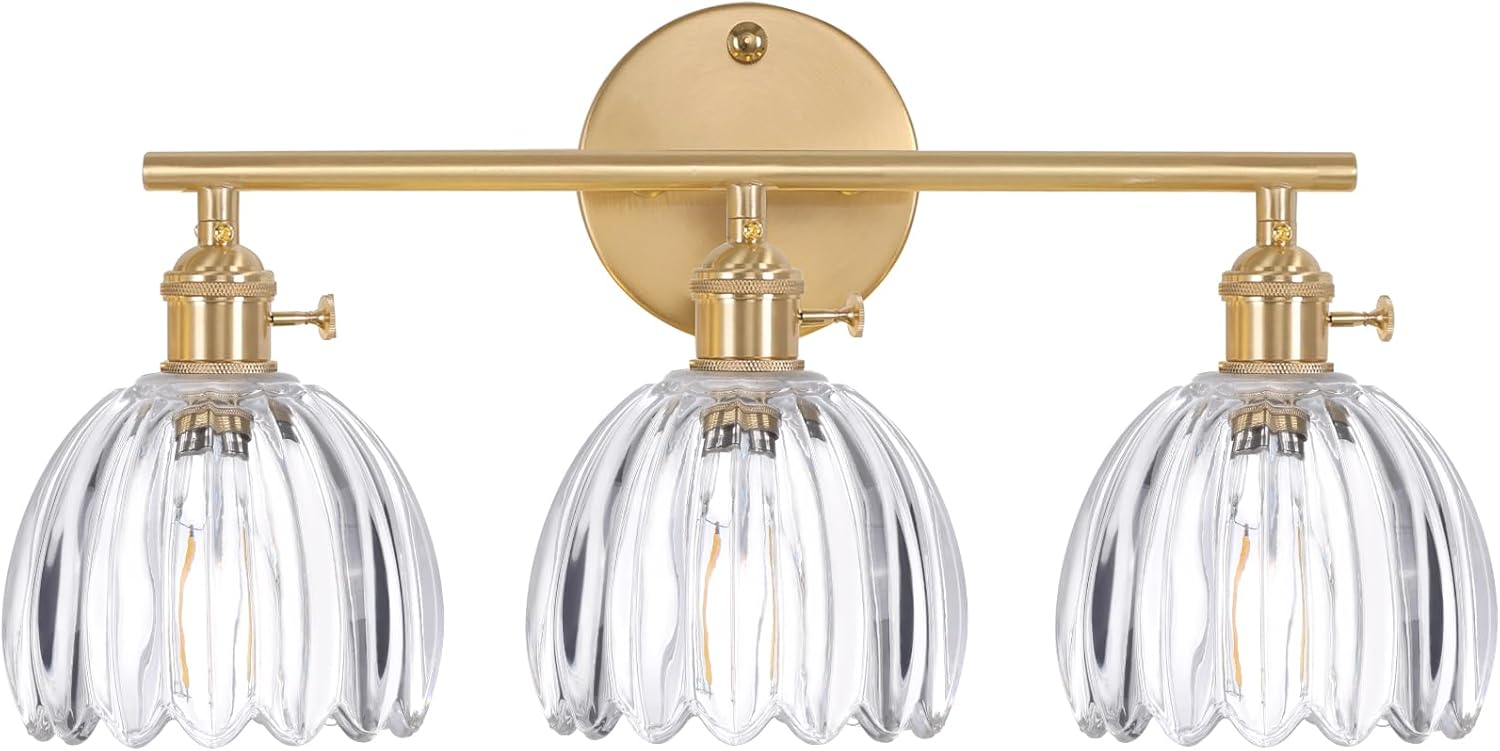 Bathroom Light Fixtures, 3-Light Brass Vanity Wall Light Over Mirror with White Tulip Glass Shade for Bedroom Living Room (Bulb Not Included)