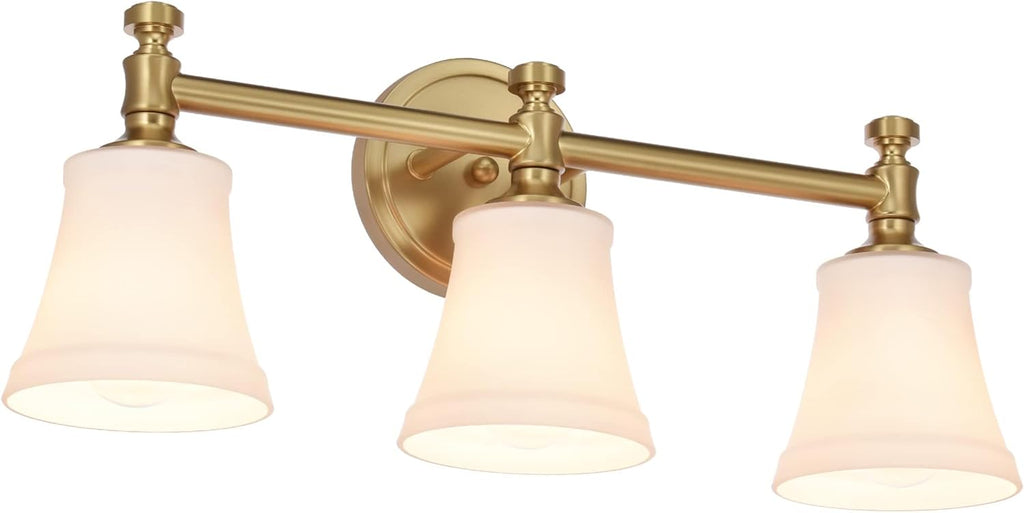 Bathroom Vanity Light Fixtures, Traditional Aged Brass 3 Lights Wall Sconce Lighting with Opal Glass Shade, Porch Wall Mount Light Fixture for Bathroom, Mirror Cabinets Hallway Stairs