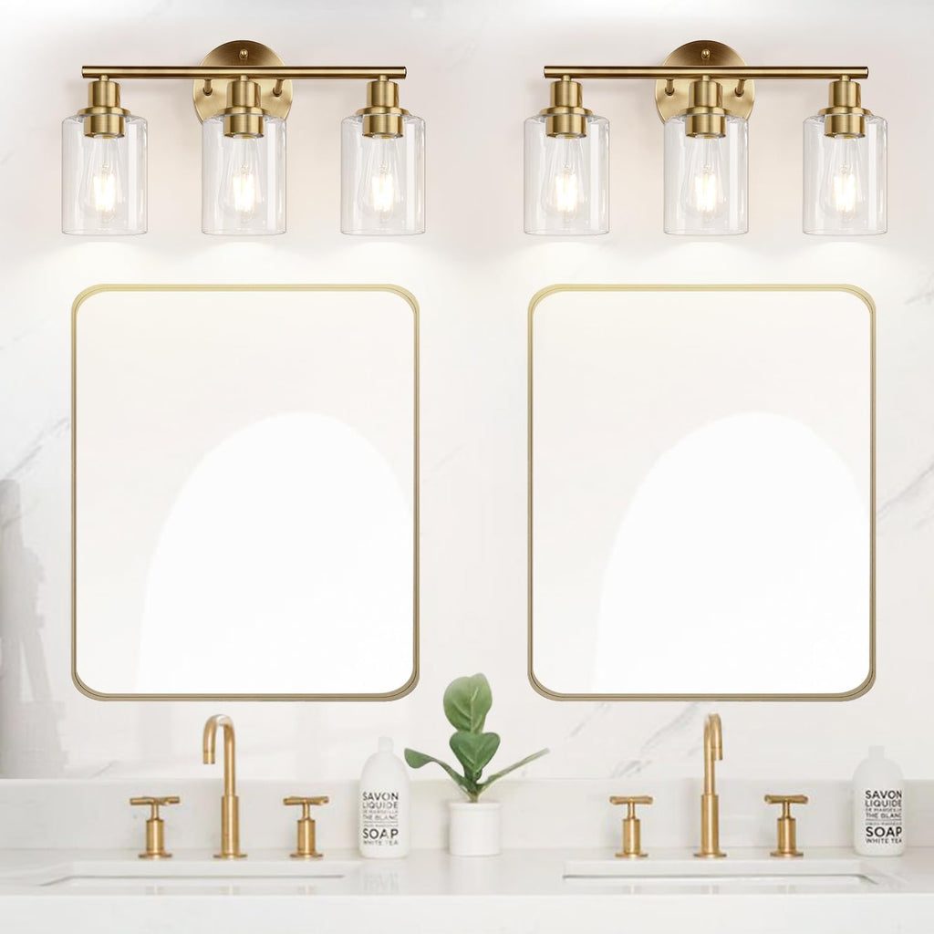 3-Light Bathroom Light Fixtures, Brushed Brass Bathroom Wall Lights with Clear Glass Shade, Modern Bathroom Wall Lamp for Mirror Kitchen Living Room Hallway Cabinet