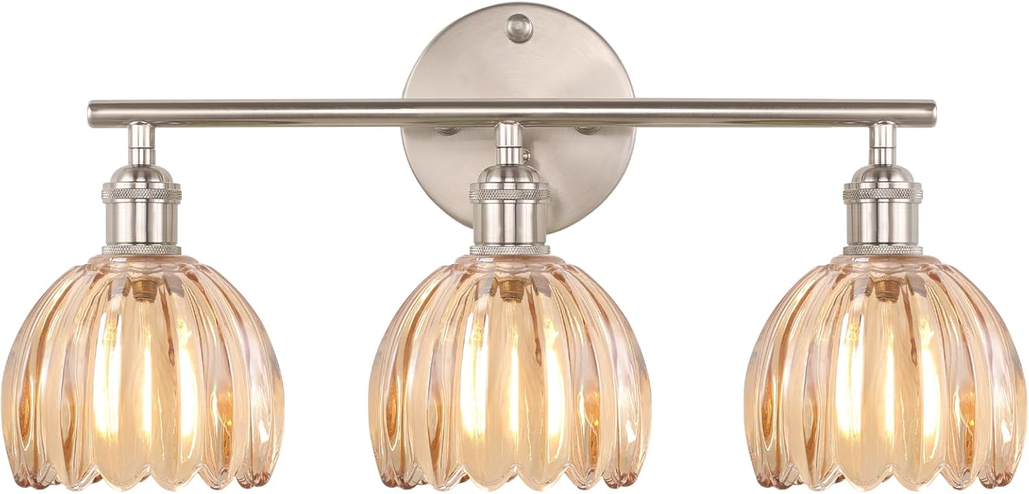 Bathroom Light Fixtures, 3-Light Brass Vanity Wall Light Over Mirror with White Tulip Glass Shade for Bedroom Living Room (Bulb Not Included)