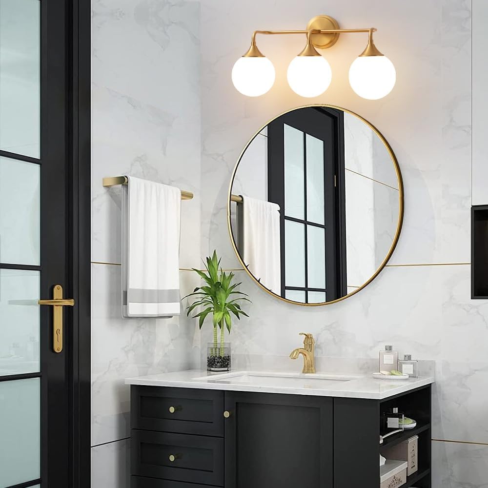 Gold Bathroom Light Fixtures, Modern Vanity Lighting Over Mirror, Mid Century Brushed Brass Wall Sconce 3-Light with Milky White Glass Ball Shades