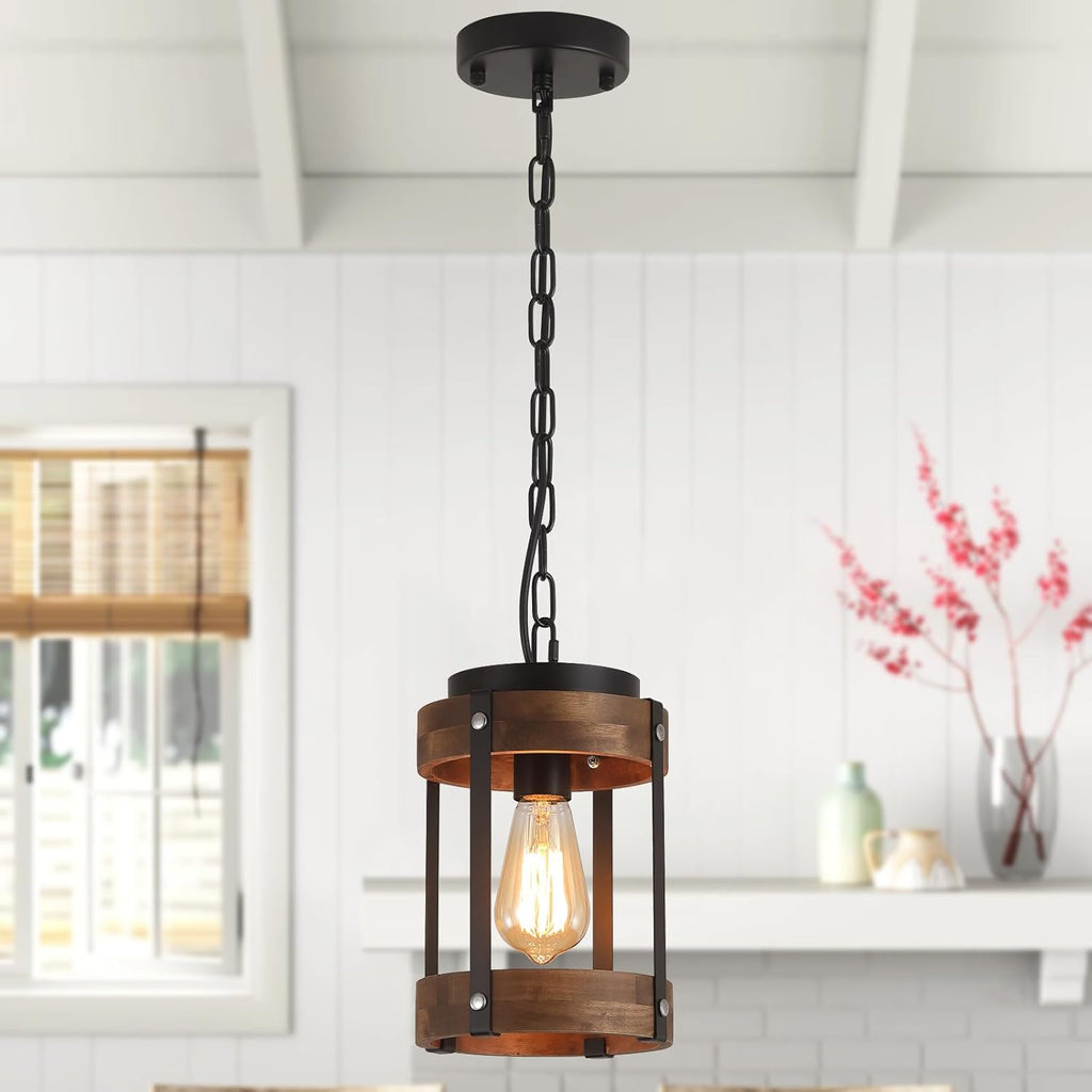 2 Pack Rustic Farmhouse Wood Pendant Light Fixture One-Light Adjustable Chain Oak Wood and Metal Drum Cage Small Pendant Lighting for Kitchen Island Sink Hallway Farmhouse Bathroom Bar, Black
