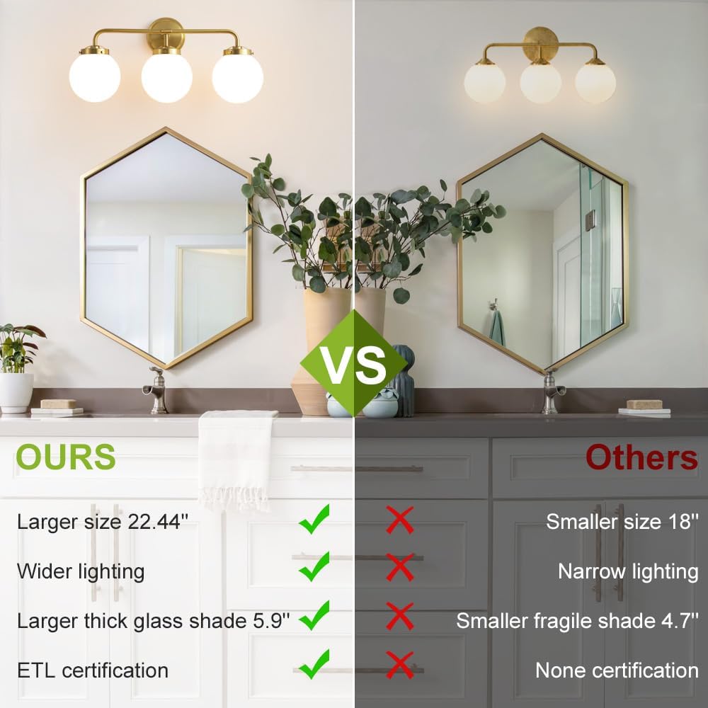 Gold Bathroom Vanity Light Fixtures Over Mirror, Modern Brass 3 Lights Wall Sconce with Milky Glass Ball Shade, Mid Century Farmhouse Vanity Lighting