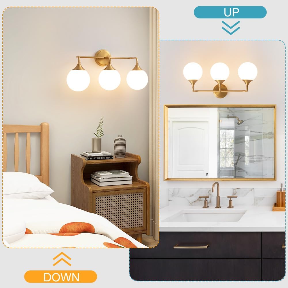Gold Bathroom Light Fixtures, Modern Vanity Lighting Over Mirror, Mid Century Brushed Brass Wall Sconce 3-Light with Milky White Glass Ball Shades