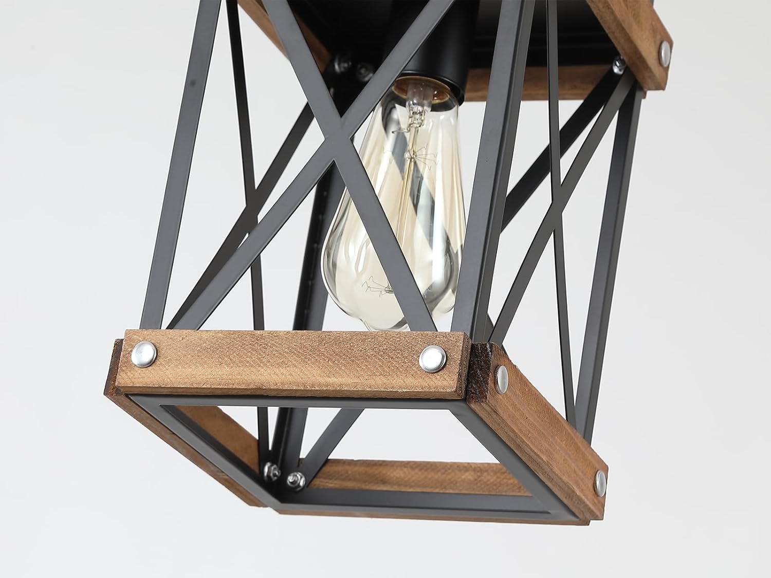 2 Pack Rustic Farmhouse Wood Pendant Light Fixture One-Light Adjustable Chain Oak Wood and Metal Lantern Cage Small Pendant Lighting for Kitchen Island Sink Hallway Farmhouse Bathroom Bar, Black