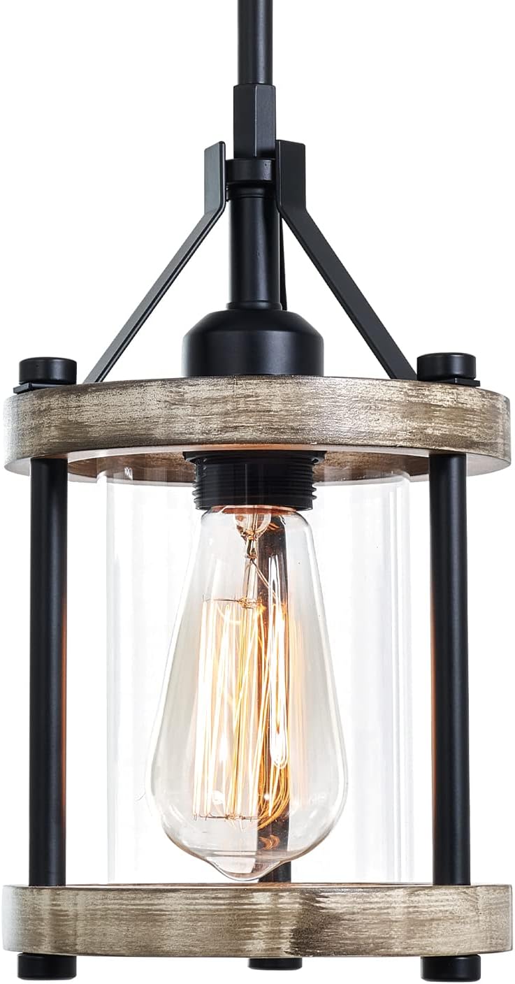 Farmhouse Pendant Light, Rustic Walnut Wood Metal Cage Hanging Light Fixtures with Glass, Adjustable for Flat and Slop Ceiling, Pendant Lighting for Kitchen Island Foyer Hallway,2-Pack