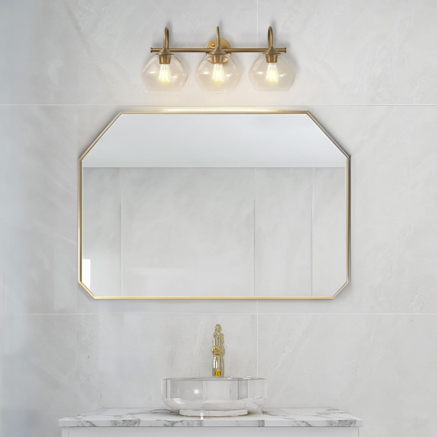 GLOBE Electric 63000103 26" 3-Light Vanity Fixture, Brass Finish, Clear Glass Shades, Beauty Room Accessories, Bathroom Lighting Over Mirror, Makeup Lights, Wall Light, Home Essentials, House Décor