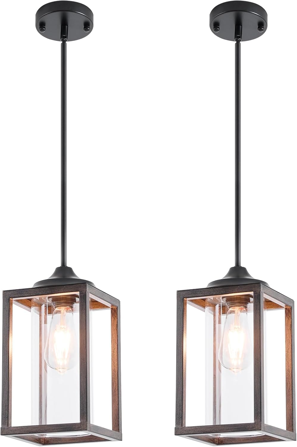 Farmhouse Pendant Light, Rustic Walnut Wood Metal Cage Hanging Light Fixtures with Glass, Adjustable for Flat and Slop Ceiling, Pendant Lighting for Kitchen Island Foyer Hallway,2-Pack