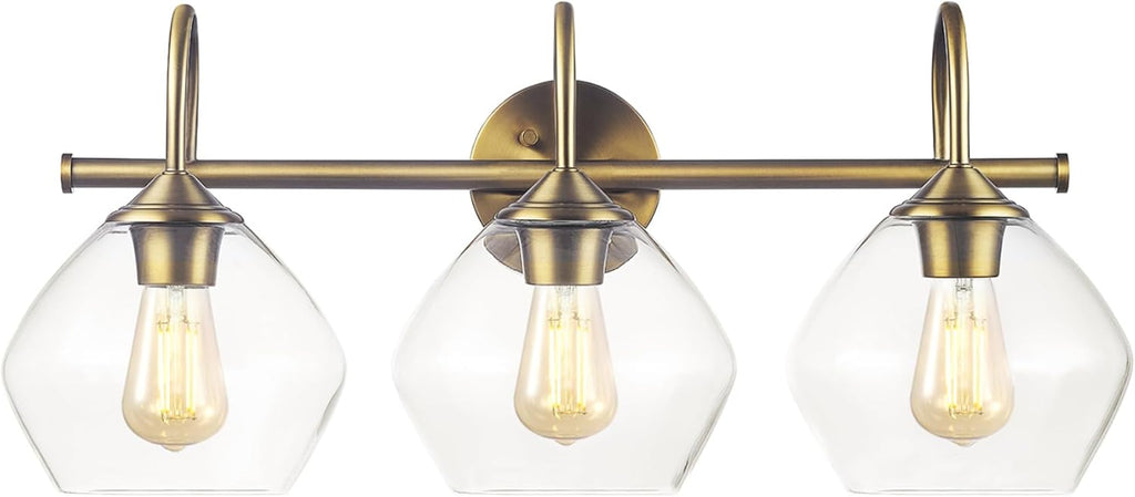 GLOBE Electric 63000103 26" 3-Light Vanity Fixture, Brass Finish, Clear Glass Shades, Beauty Room Accessories, Bathroom Lighting Over Mirror, Makeup Lights, Wall Light, Home Essentials, House Décor