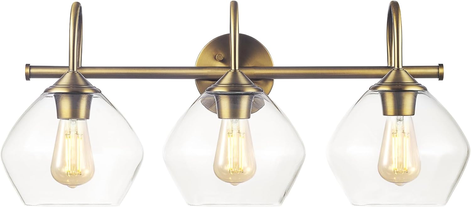 GLOBE Electric 63000103 26" 3-Light Vanity Fixture, Brass Finish, Clear Glass Shades, Beauty Room Accessories, Bathroom Lighting Over Mirror, Makeup Lights, Wall Light, Home Essentials, House Décor