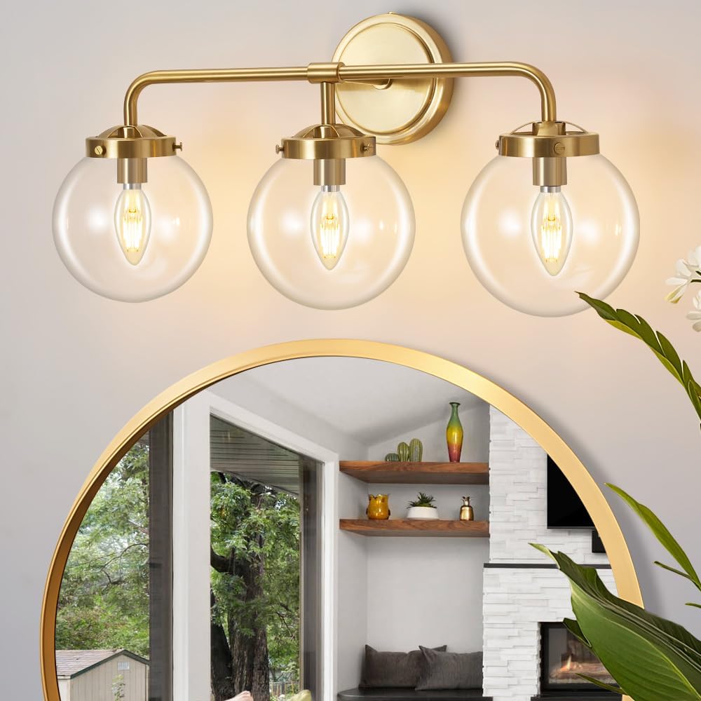 Gold Bathroom Vanity Light Fixtures Over Mirror, Modern Brass 3 Lights Wall Sconce with Milky Glass Ball Shade, Mid Century Farmhouse Vanity Lighting