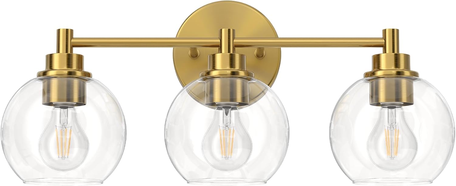 VONLUCE Bathroom Light Fixtures, 3-Light Bathroom Vanity Light with Globe Glass Shades E26 Sockets, Vanity Lights Over Mirror for Bedroom Hallway Living Room, Gold Finish