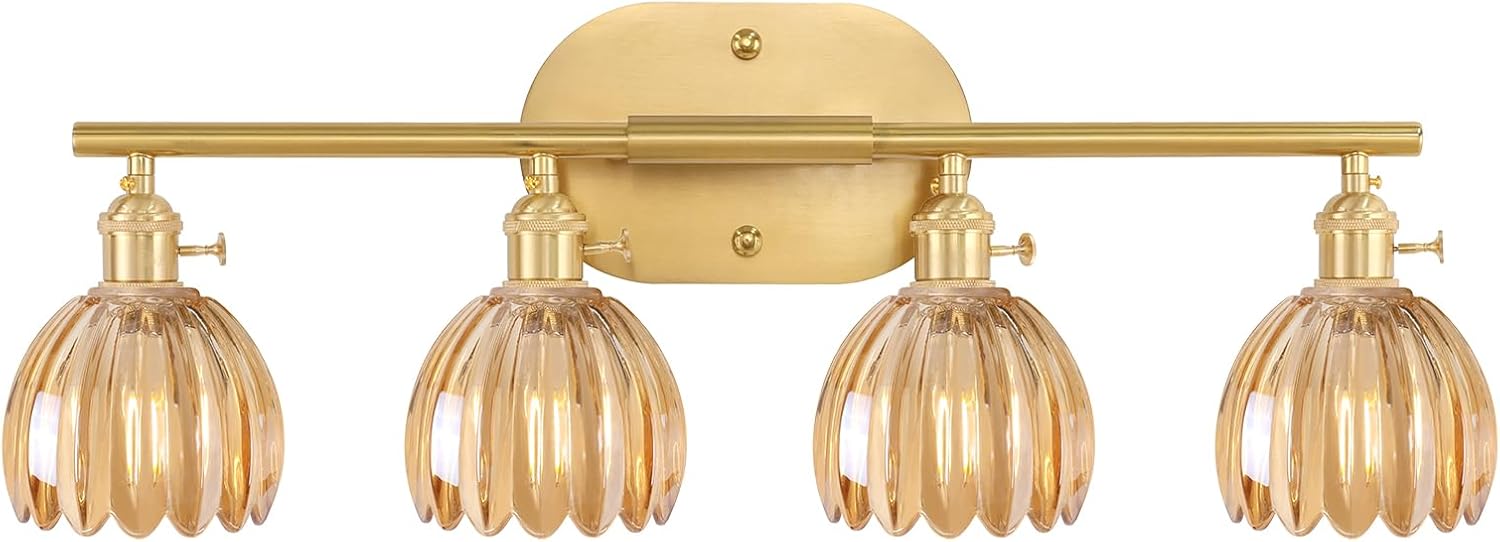 Bathroom Light Fixtures, 3-Light Brass Vanity Wall Light Over Mirror with White Tulip Glass Shade for Bedroom Living Room (Bulb Not Included)